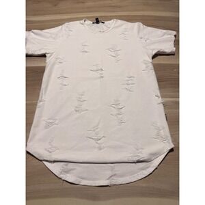 Rustic Dime Distressed T-Shirt Mens L White Shredded Curved Hem Streetwear Tee